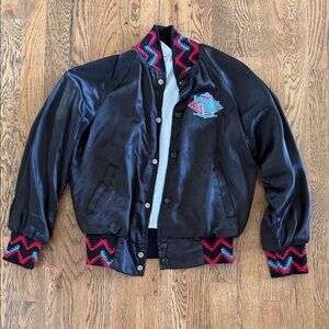 Vintage Black Satin Bomber Jacket with Aztec Trim - Unbranded